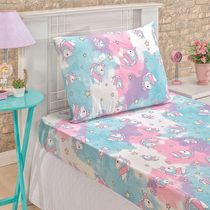 Jogo Cama Lençol Diverkids Solteiro Infantil Malha Soft 100% Algodão 2 Peças - Unicórnio Rosa Azul