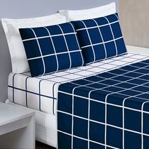Jogo Cama Lençol Brooklyn Solteiro Quadriculado Micropercal 200 Fios 3 Peças - Azul Marinho