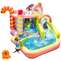 Parque Aquático Inflável Casa de Pula-Pula e Escorregador, 6 em 1 Doce Casa de Doces, Combo com 450W de Potência, Piscina de Splash,NBSPORT