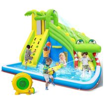 Parque Aquático Inflável 5 em 1 com Toboágua, Pula-Pula de Crocodilo, Escalada, Piscina, Canhão d'Água, Basquete e Compressor de Ar,TOAOB
