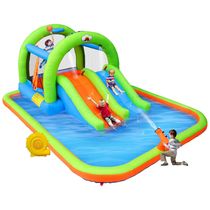 Parque Aquático Inflável com Tobogã Duplo, Canhão de Água e Cesta de Basquete - Diversão Infinita para Crianças,WELLFUNTIME