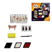 Kit Maquiagem Halloween Vampira com Dentadura, Unhas Postiças e Cápsulas de Sangue Horror Make