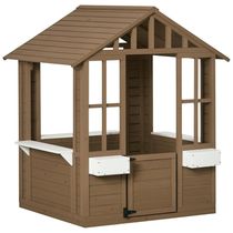 Casa de Madeira para Crianças Outsunny - Brinquedo de Jardim com Porta, Janelas e Suporte para Vasos de Flores - 1,19m