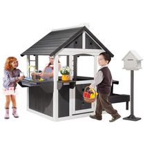 Casinha de Madeira JOYMOR para Crianças ao Ar Livre com Pia, Mesa de Piquenique, Caixa de Correio e Suporte para Vasos de Flores - Cinza/Branco