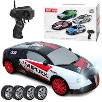 Carrinho Bugatti Corrida Controle Drift 4x4 Recarregável com 4 Rodas Extras Preto e Branco