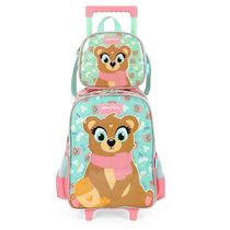 Kit Mochila Rodinha Lancheira Luxcel Up4You Ursinho Verde