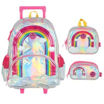 Kit Mochila Sem Alça Lancheira Estojo Luxcel ArcoIris Prata