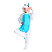Fantasia Pijama Macacão de Unicórnio Kigurumi Infantil Branco e Azul Com Capuz