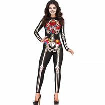 Fantasia Halloween Caveira Mexicana Feminina Adulta Esqueleto com Rosas