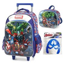 Kit Mochila de Rodinha Vingadores Azul + Lancheira + Mascara