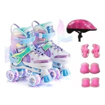Patins Infantil Sereia Ajustável + Kit Proteção Rodas Em Led