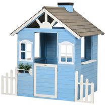 Casinha Infantil de Madeira para Área Externa Estilo Country com Porta, Janelas, Posto de Serviço e Vasos de Flores para Crianças de 3 a 7 Anos,