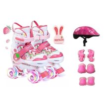 Patins Quad Ajustável Morango Rodinhas Led+ Kit Proteção