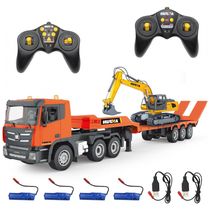 Brinquedo Conjunto Caminhão Semi Truck Escavadeira RC da Fistone, Controle Remoto 2.4Ghz Caminhão Prancha com Brinquedo Escavadeira