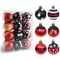 Conjunto de 24 Enfeites de Natal em Forma de Bolas, 60mm, Vermelho e Preto, de Plástico Resistente a Quebras, para Decorar Árvore de Natal e Festas