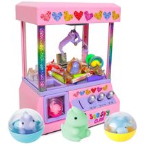 Máquina de Garra Bundaloo Squishy Rosa com 3 Brinquedos Macios, Cápsulas Reutilizáveis, Controle Joystick, Bateria