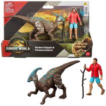 Mattel Jurassic World Rebirth Pack de Figuras Dinossauro e Humano com Reuben Delgado e Parasaurolophus, Escala 9,5 cm, Articulado e Colecionável