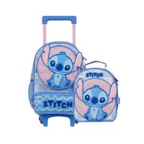 Kit Mochila de Rodinha e Lancheira Térmica Infantil Feminina Stitch Baby Azul Clara