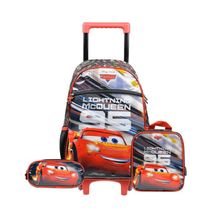 Kit Mochila de Rodinha +  Estojo Escolar +  Lancheira Térmica Infantil Masculina Carros Vermelha
