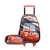 Kit Mochila de Rodinha Infantil e Estojo Escolar Masculino Carros Vermelho