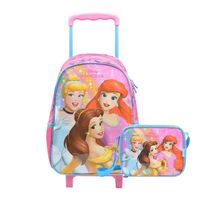 Kit Mochila de Rodinha e Lancheira Térmica Infantil Feminina Princesas Rosa