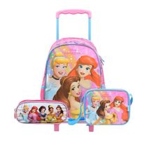 Kit Mochila de Rodinha, Lancheira Térmica e Estojo Escolar Feminino Princesas Rosa