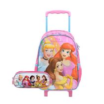 Kit Mochila de Rodinha e Estojo Escolar Feminino Pequeno Princesas Rosa