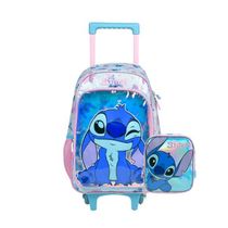 Kit Mochila de Rodinha  e Lancheira Térmica Infantil Feminina Stitch Azul