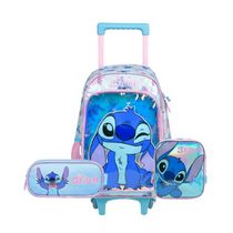 Kit Mochila de Rodinha, Lancheira Térmica  e Estojo Escolar Feminino Stitch Azul