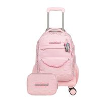 Kit Mochila de 4 rodinhas + Estojo Escolar Feminino Grande Stitch & Angel Rosa Claro