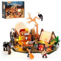 Conjunto de blocos de montar Lumibricks Cowboy Camp Lighting Velho Oeste com iluminação LED, carroça coberta e cavalo, 542 peças