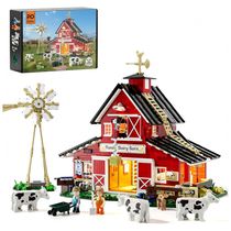 Conjunto de Blocos de Montar FUNWHOLE Celeiro de Vacas LED, 1368 Peças, Grua Móvel, Vermelho Fazenda, Modelo F9037