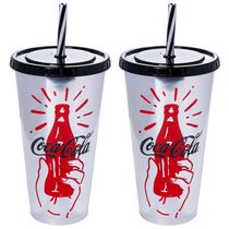 2 Copos Coca-Cola Grande 700ml Estampado com Tampa e Canudo