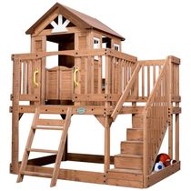 Playground Infantil de Madeira, Estilo Chalé com Pia de Brinquedo, Banco Acolchoado e Gráfico de Crescimento, Backyard Discovery, Marrom