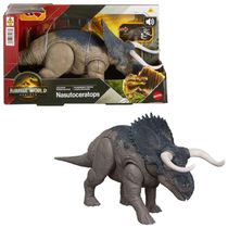 Dinossauro articulado Mattel Jurassic World Rebirth Wild Roar Nasutoceratops com ataque pela cauda, rugido e integração digital via app