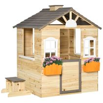 Casinha Infantil de Madeira para Área Externa com Porta de Trabalho, Janelas, Banco, Posto de Serviço e Suportes para Vasos de Flores, Outsunny,