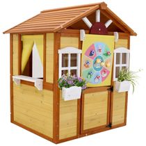 Casinha Infantil de Madeira para rea Externa com Porta, 2 Janelas e Suportes para Vasos de Flores, Idade 3 a 6 Anos, Foinfun, Amarela e Marrom