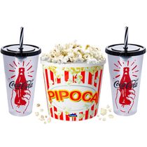 Kit de Balde de Pipoca e Copos de Refrigerante 700ml Com Canudo para Família