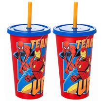 2 Copos com Canudo Estampa Vingadores Marvel Infantil 500ml