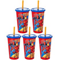 5 Copos Vingadores Marvel Infantil Sacola Surpresa Aniversário 500ml Com Canudo