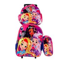 Kit Mochila Infantil Com Rodinhas Bolsa Escolar Estojo Lancheira Térmica Rosa Carrinho Impermeável