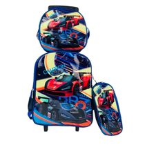 Kit Mochila Infantil Com Rodinhas Carros Escolar Estojo Lancheira Térmica Bolsa Carrinho Impermeavel