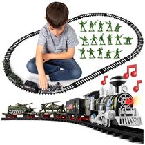 Conjunto de Trenzinho de Brinquedo com Helicóptero, Tanque, Soldados e Trilhos para Crianças de 3 a 8 anos, Atlasonix, Preto