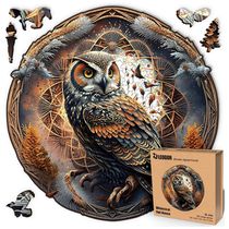 Quebra Cabeças em Madeira MDF para Adultos, Tema Coruja com 500 Peças, LEOGOR, Preto e Marrom