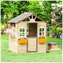 Casinha Infantil de Madeira para Área Externa com Banco, Porta, 2 Janelas, 3 Estações de Serviço, Prateleira e Suportes para Vasos de Flores,