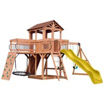 Playground Infantil de Madeira com Parede de Escalada, Varanda, Ponte, Escorregador, 2 Balanços de Cinto e 1 Balanço de Teia, Backyard Discovery