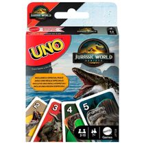Jogo de cartas UNO Jurassic World Rebirth Mattel, deck temático com regra especial Ataque do T-Rex