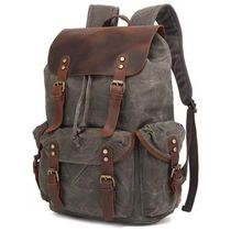 Mochila de Lona Encerada e Couro para Laptop, Lmagice, Cinza