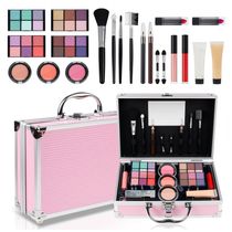 Kit Maquiagem Completo Mileonaim Rosa Paleta Sombras 24 Cores Batom Blush Brilho Labial Pincéis Estojo Portátil LY-MFK-PINK