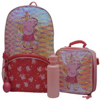 Mochila Escolar Infantil Peppa Pig com Lancheira, Garrafa de Água e Chaveiro Divertido para Crianças, Rosa
